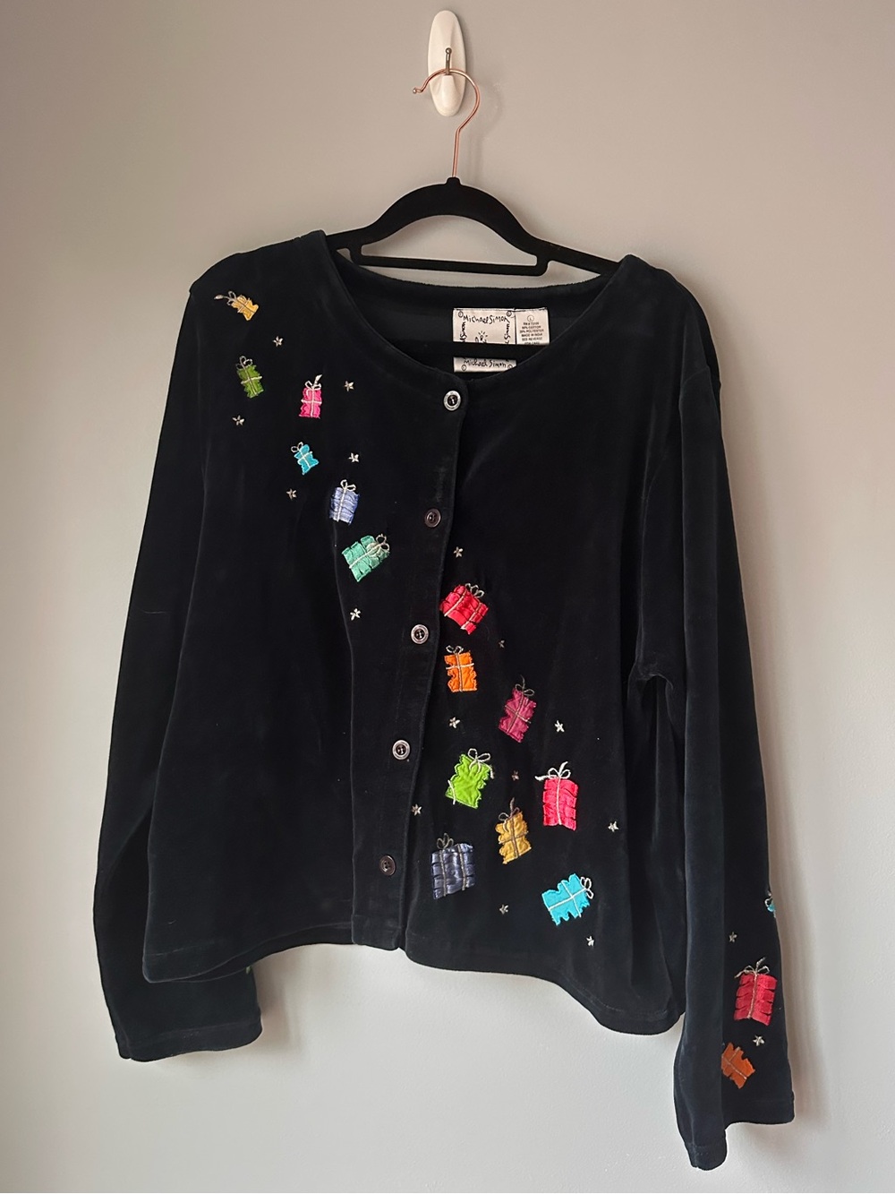 Michael Simon Black Velvet Teddy Jacket with Colorful Gift Embroidery large